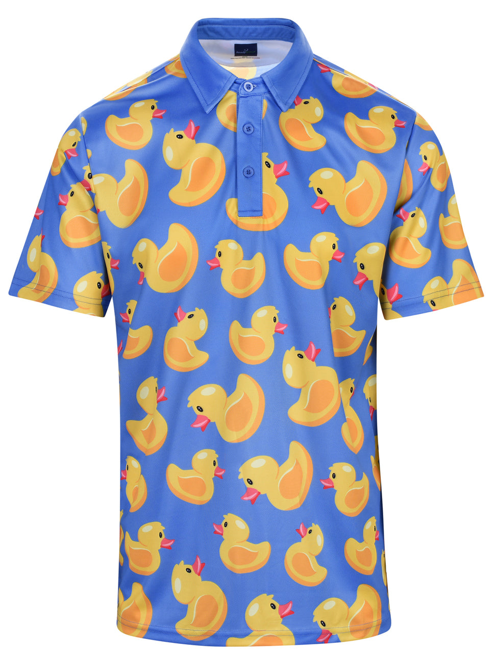 Blue ReadyGOLF Duck Hook golf polo covered in yellow rubber-duck graphics