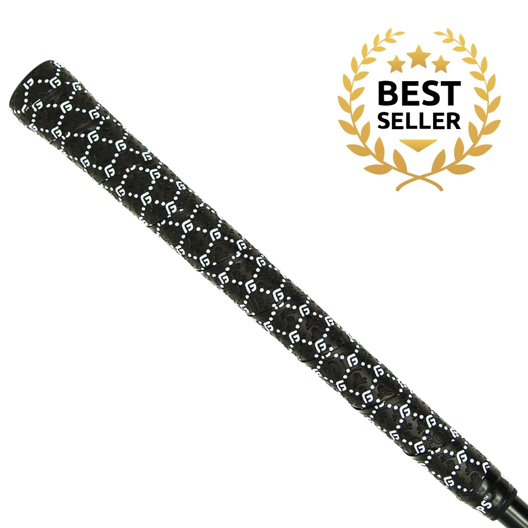Black FG Print overgrip wrap with white pattern installed on a golf club
