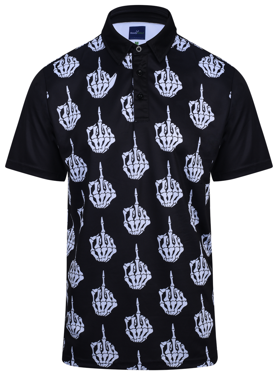 Black ReadyGOLF The Bird polo with white skeletal middle-finger hand graphics