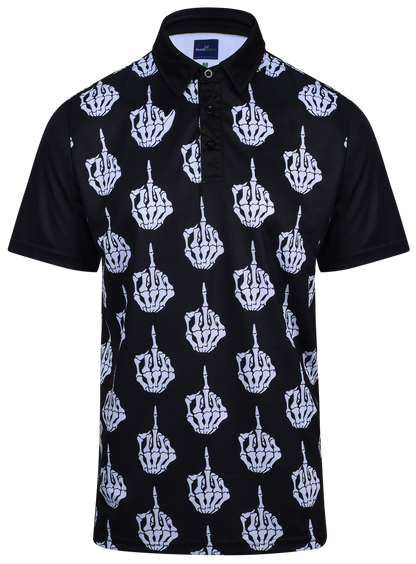Black ReadyGOLF The Bird polo with white skeletal middle-finger hand graphics