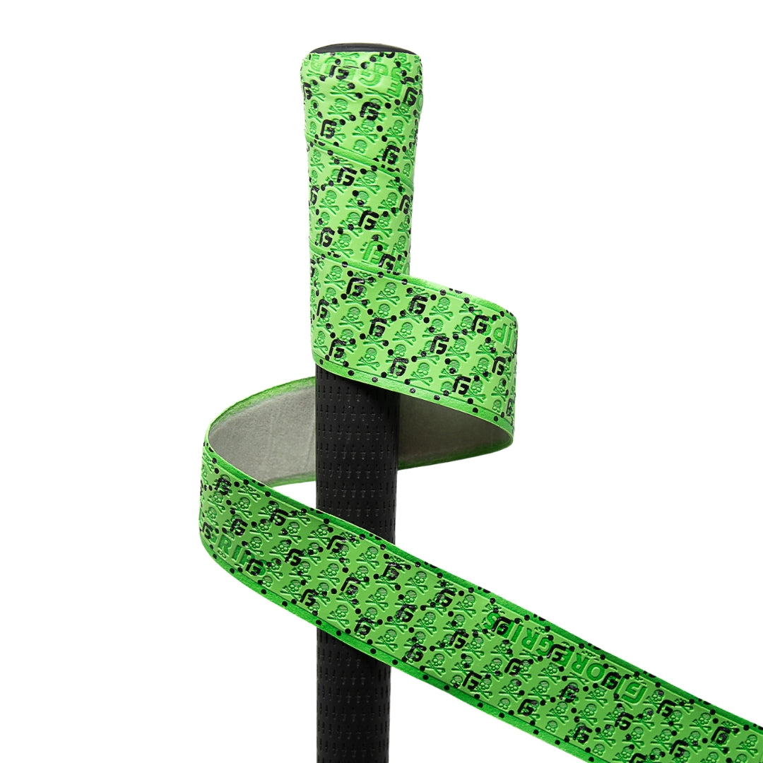 Green FG Print wrap spiraling around an existing black golf grip
