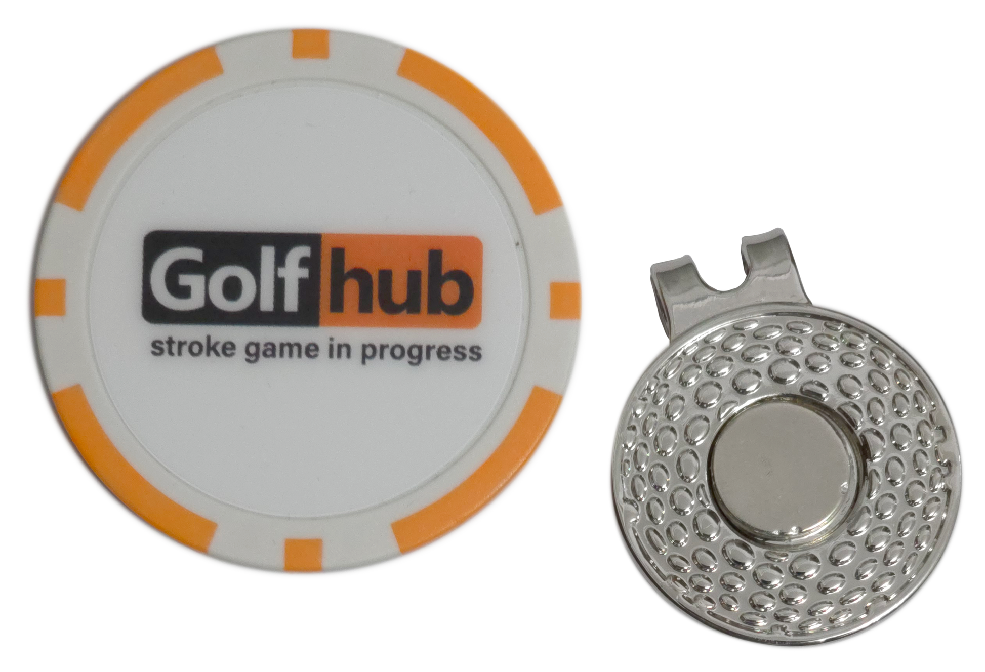 Golf hub marker with orange border and metal ball marker on a white background
