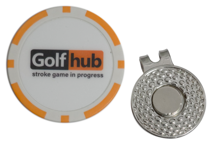 Golf hub marker with orange border and metal ball marker on a white background
