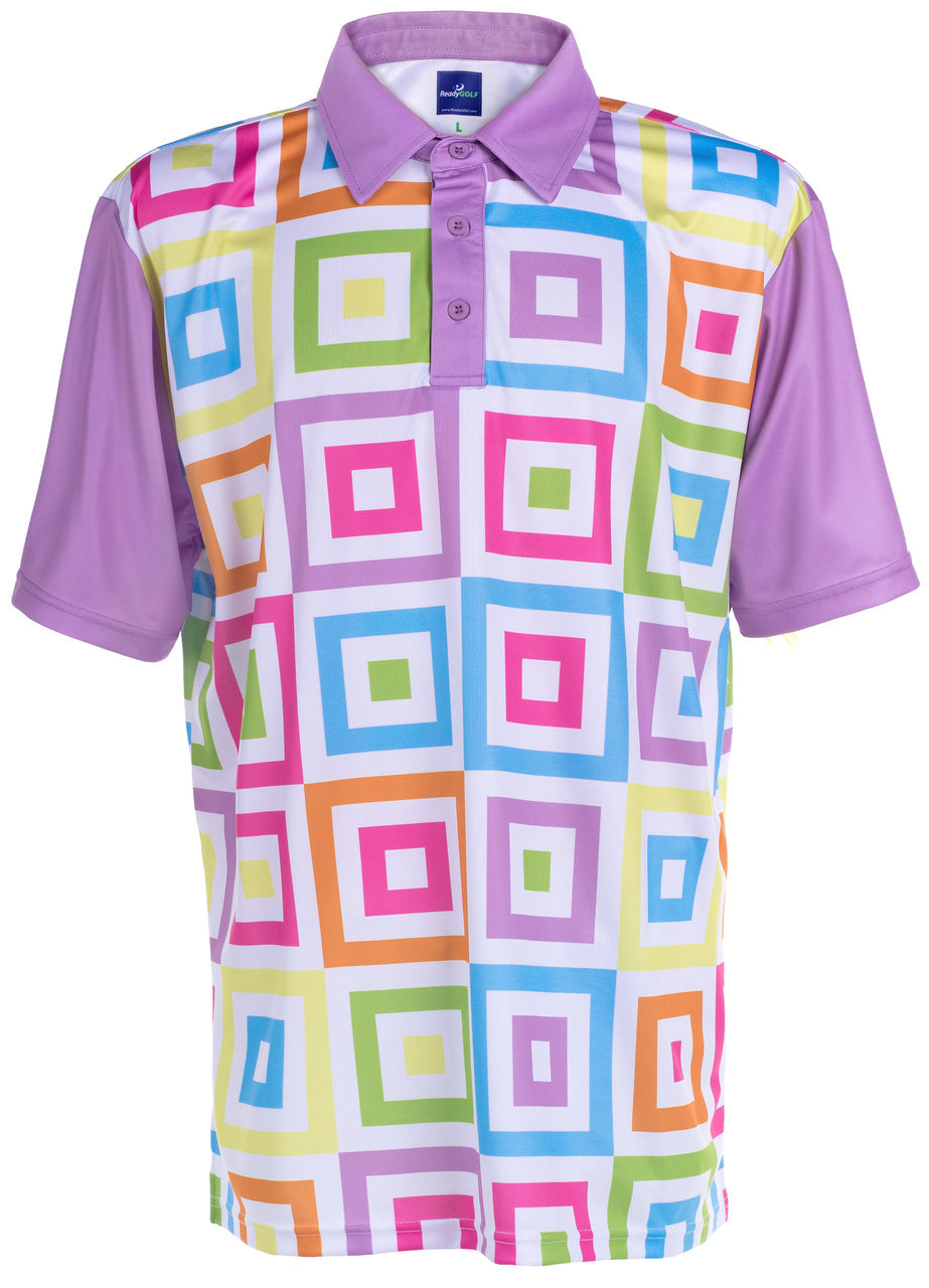 ReadyGOLF Hip To Be Square polo with multicolor square print and purple sleeves and collar