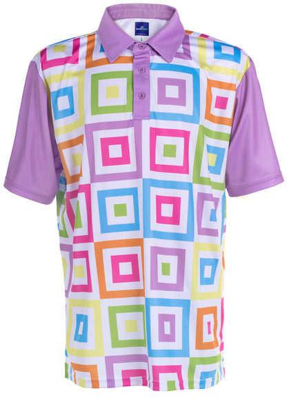 ReadyGOLF Hip To Be Square polo with multicolor square print and purple sleeves and collar