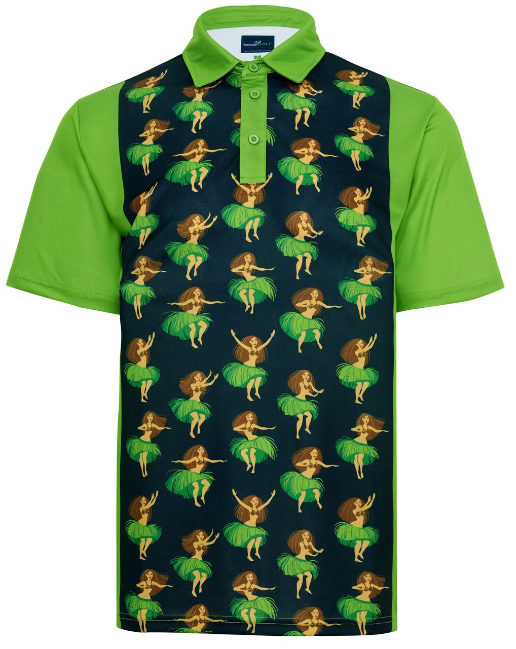 ReadyGOLF Hula Girls polo with tropical dancer print, bright green sleeves and collar