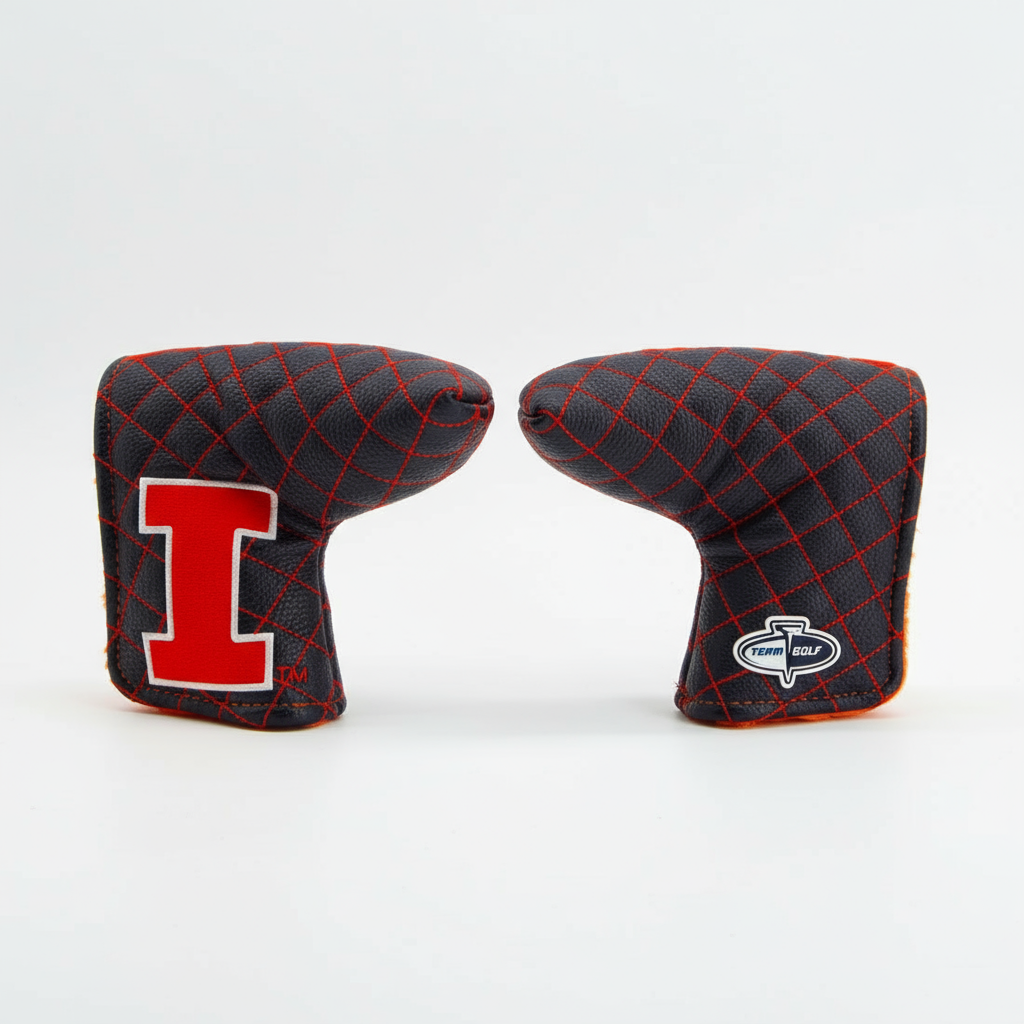 Two golf club covers with a red 'I' and a logo on a white background