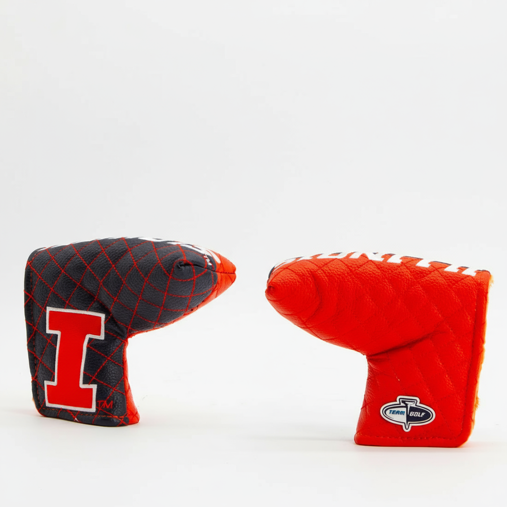 Two golf club covers, one black with a red 'I' and the other red with a logo, on a white background.