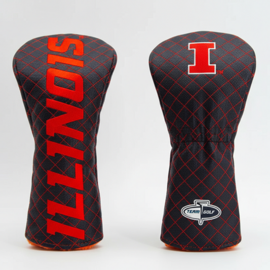 Two golf club head covers with red text and a checkered pattern on a white background