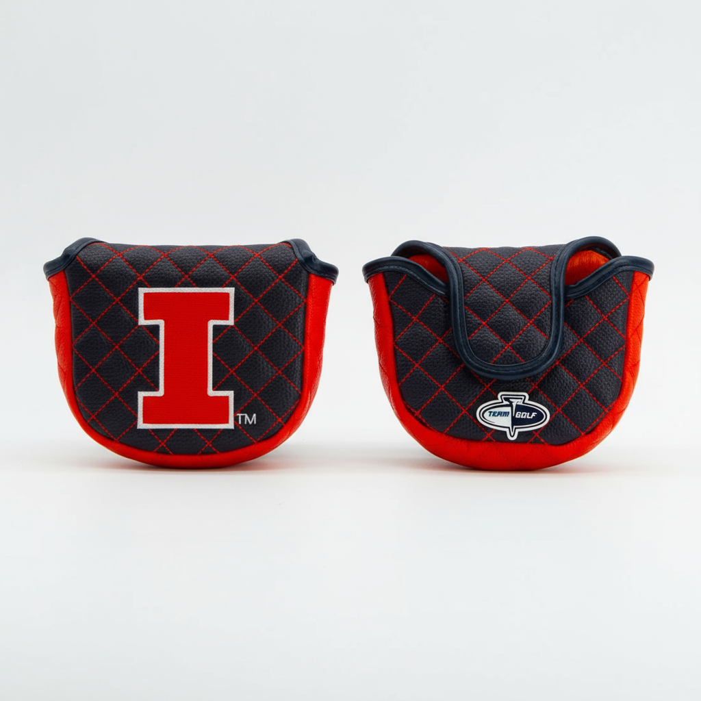 Two quilted golf club covers with a red 'I' logo on a white background