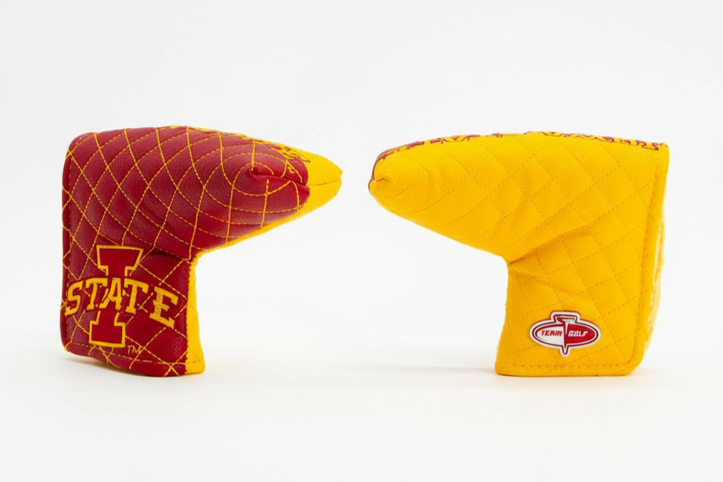 Two golf club covers, one red with 'Iowa State' logo and one yellow with a different logo, on a white background.