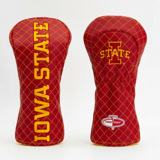 Two red golf club head covers with 'Iowa State' text on a white background