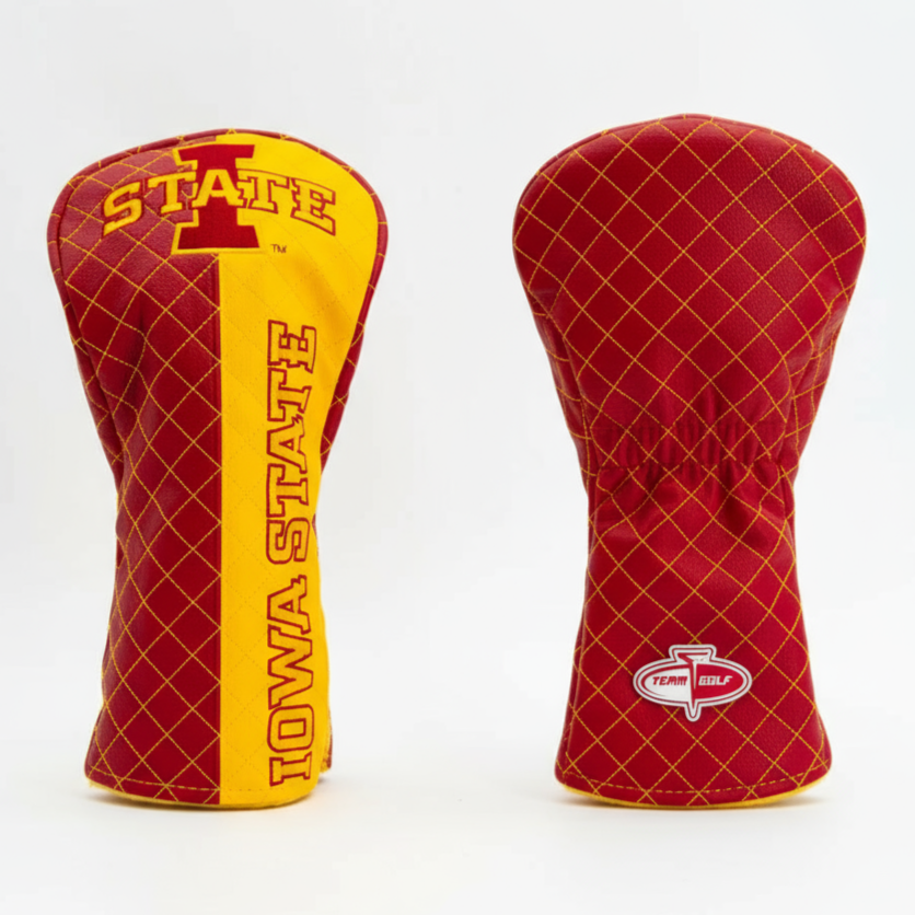 Two red and yellow golf club heads with 'Iowa State' branding on a white background