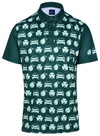 ReadyGOLF Irish Car Bombs dark green polo with pale car, bomb and shamrock graphics