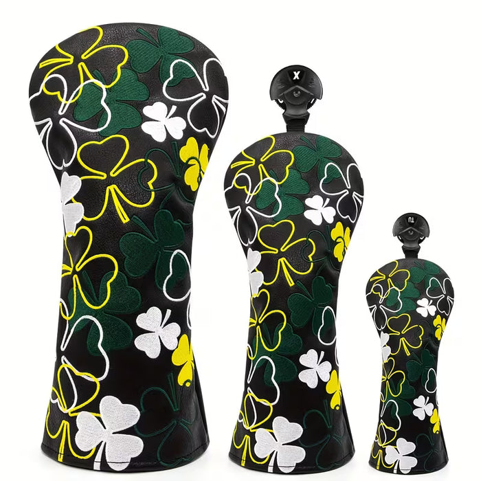 Golf club heads with shamrock pattern on a white background