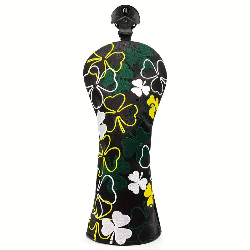 Golf club head cover with clover pattern on a white background