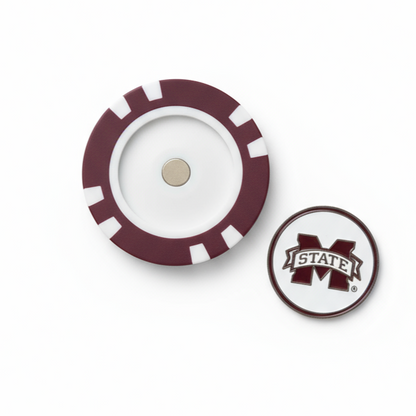 Two circular objects with a maroon and white design on a white background