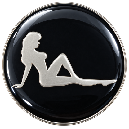 Round black ReadyGOLF Mudflap Girl ball marker with silver-colored seated silhouette