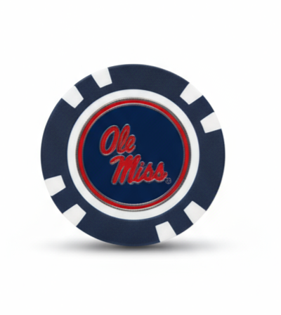 Poker chip with 'Ole Miss' logo on a white background