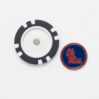Two circular objects on a white background, one with a black rim and white center, the other with 'Oh Miss' text.