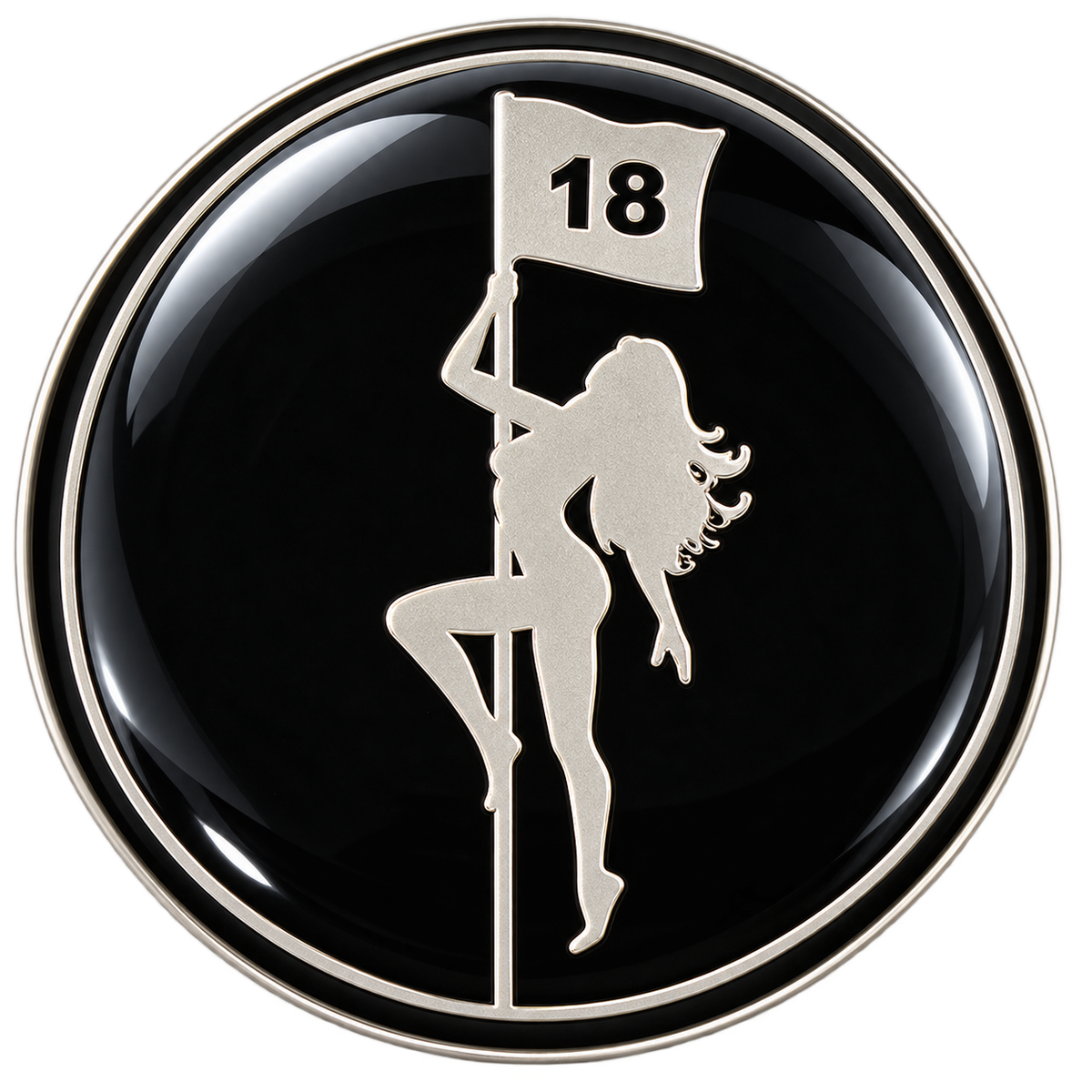 Round black ReadyGOLF Pole Dancer marker with silver-colored figure beside an 18-hole flag