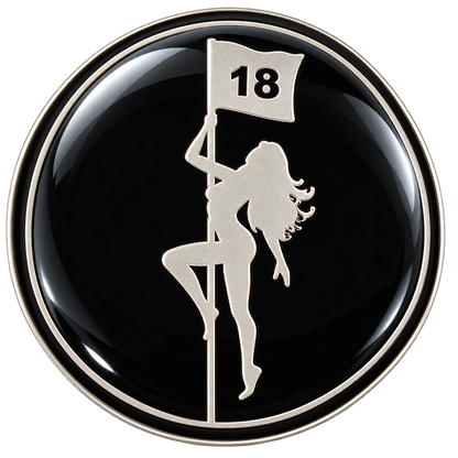 Round black ReadyGOLF Pole Dancer marker with silver-colored figure beside an 18-hole flag