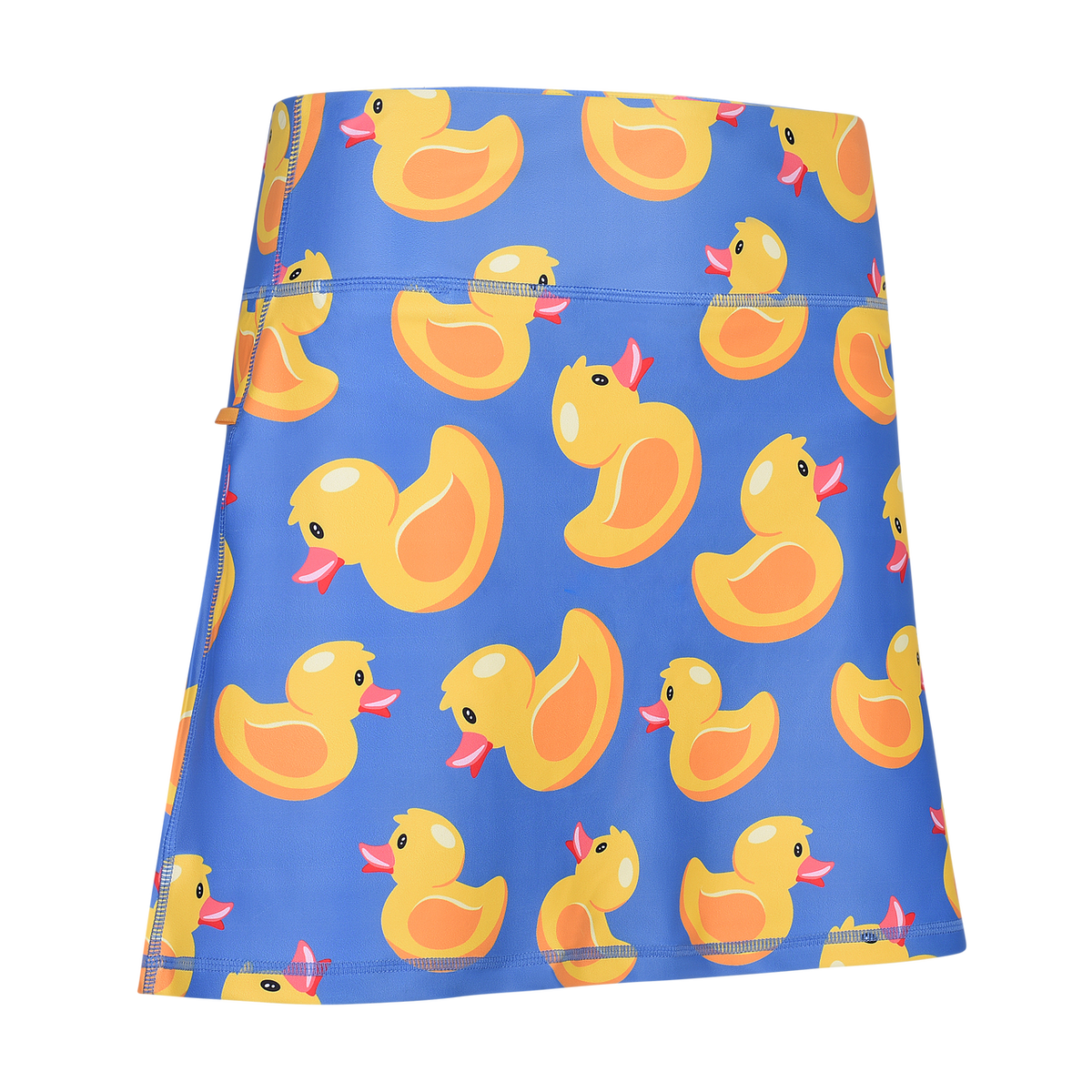 ReadyGOLF Duck Hook women’s golf skort with yellow rubber ducks on blue
