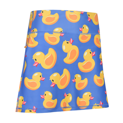 ReadyGOLF Duck Hook women’s golf skort with yellow rubber ducks on blue