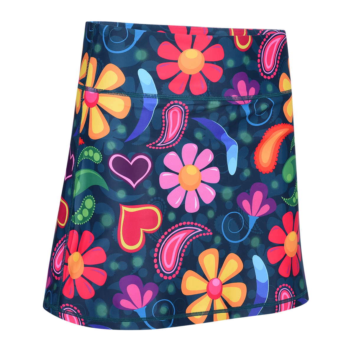 ReadyGOLF Paisley Love women’s golf skort with colorful paisley, flowers and hearts