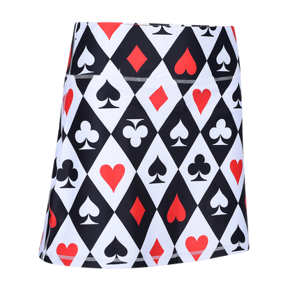 ReadyGOLF Casino Royale women’s golf skort with red and black playing-card suits