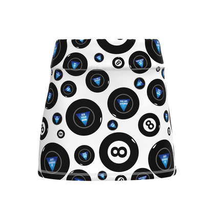 ReadyGOLF Mystic 8 Ball women’s golf skort with black 8-ball motifs on white