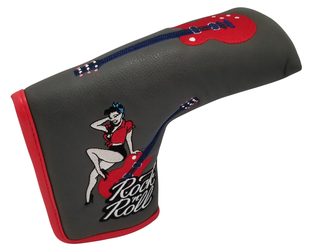 Black and red ReadyGOLF Rock ’N’ Roll blade putter cover with guitar and pin-up artwork