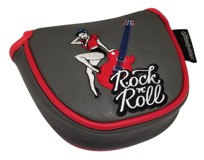 Black and red ReadyGOLF Rock ’N’ Roll mallet cover with guitar and pin-up artwork