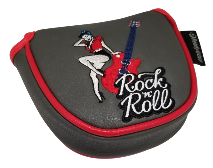 Black and red ReadyGOLF Rock ’N’ Roll mallet cover with guitar and pin-up artwork