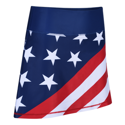 ReadyGOLF USA Flag women’s golf skort with red and white stripes with white stars on navy