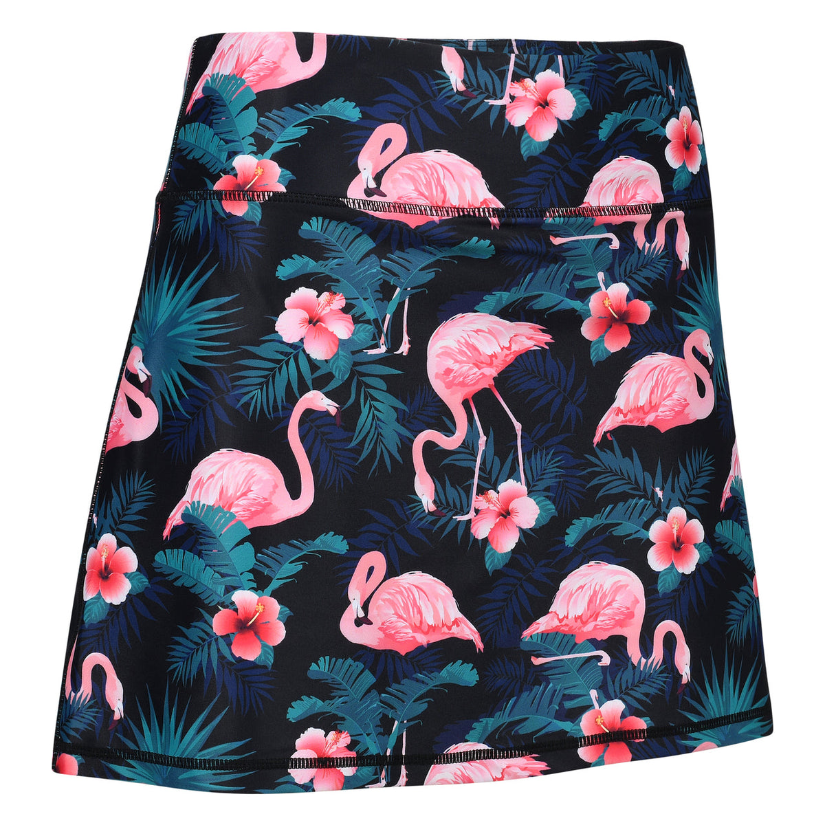 ReadyGOLF Midnight Flamingos women’s golf skort with pink flamingos and flowers on a dark background