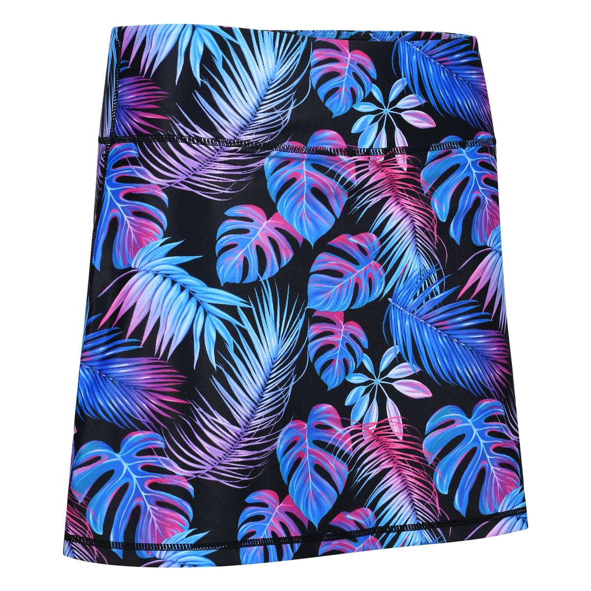 ReadyGOLF Electric Jungle women’s golf skort with blue and purple tropical leaves