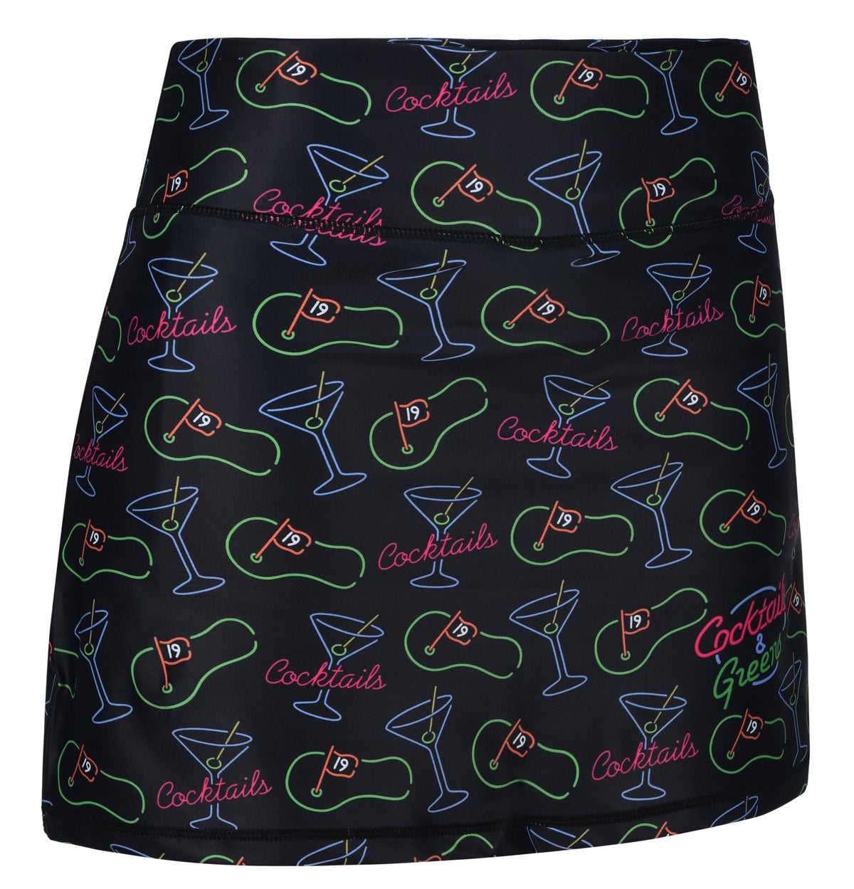 ReadyGOLF Cocktails & Greens women’s golf skort with cocktail-themed line art on a dark background
