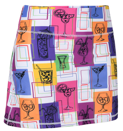 ReadyGOLF Day Drinking women’s golf skort with cocktail-glass illustrations in colorful panels