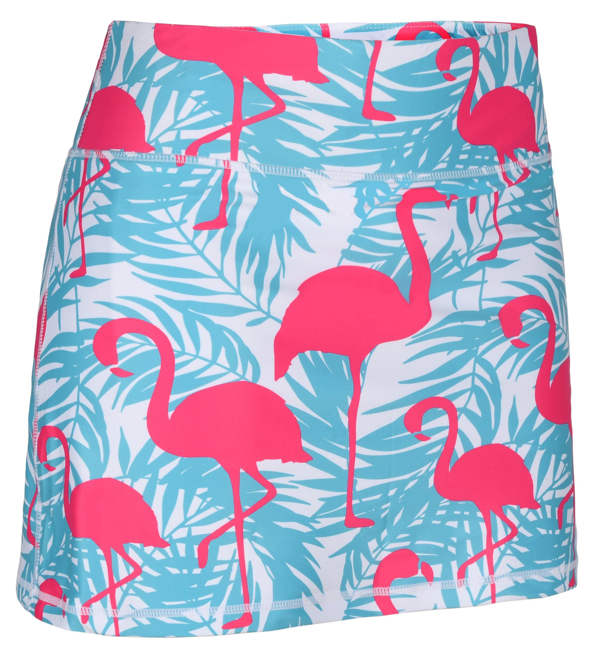 ReadyGOLF Flamingo Jungle women’s golf skort with pink flamingos and turquoise foliage