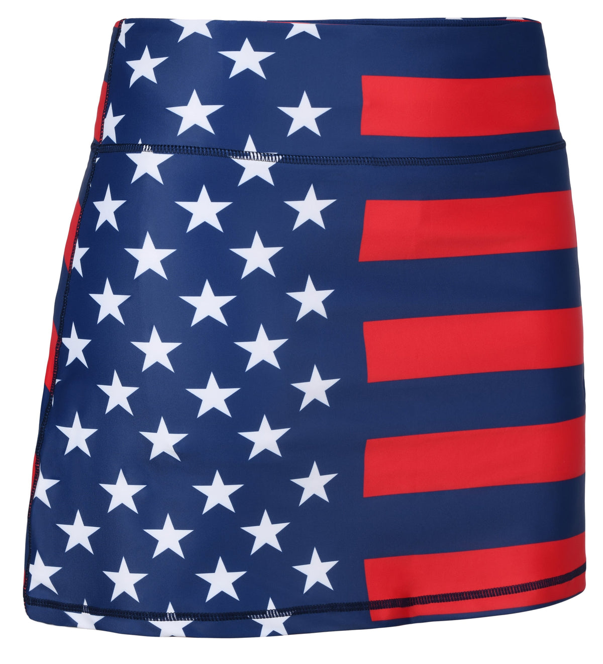 ReadyGOLF Liberty women’s golf skort with white stars and red stripes on navy