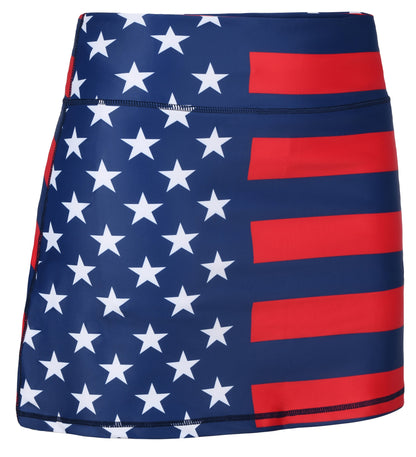 ReadyGOLF Liberty women’s golf skort with white stars and red stripes on navy