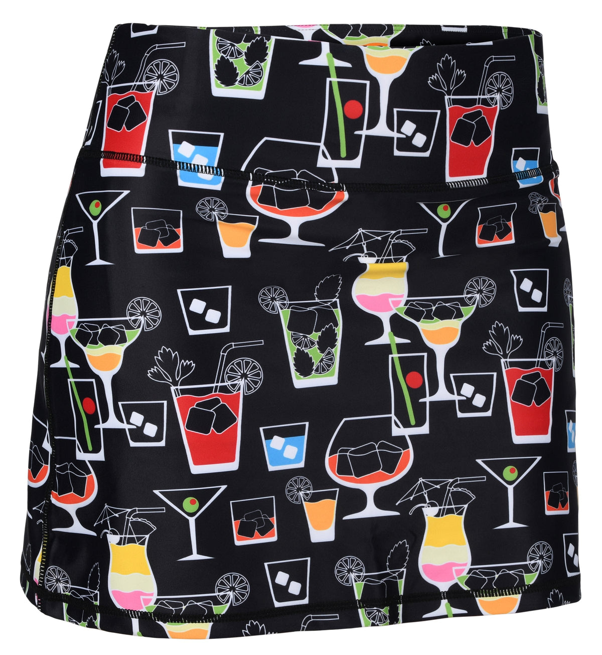 ReadyGOLF On the Rocks women’s golf skort with colorful cocktail glasses on black