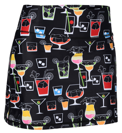 ReadyGOLF On the Rocks women’s golf skort with colorful cocktail glasses on black