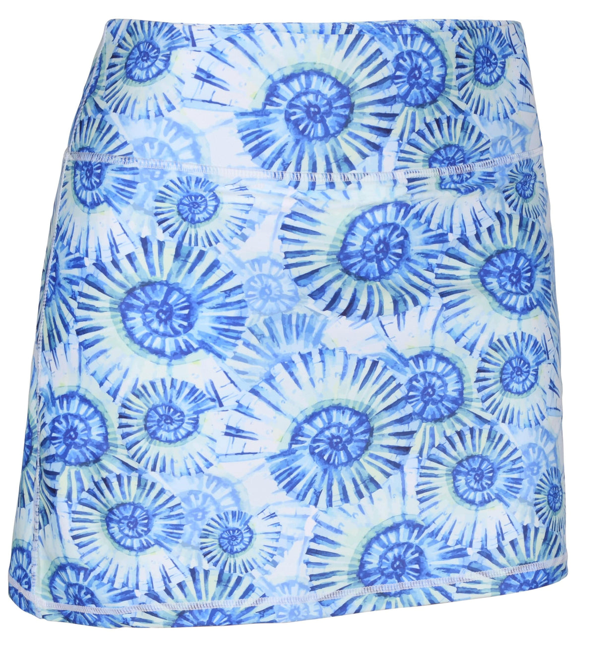 ReadyGOLF Reef women’s golf skort with blue shell motifs on white