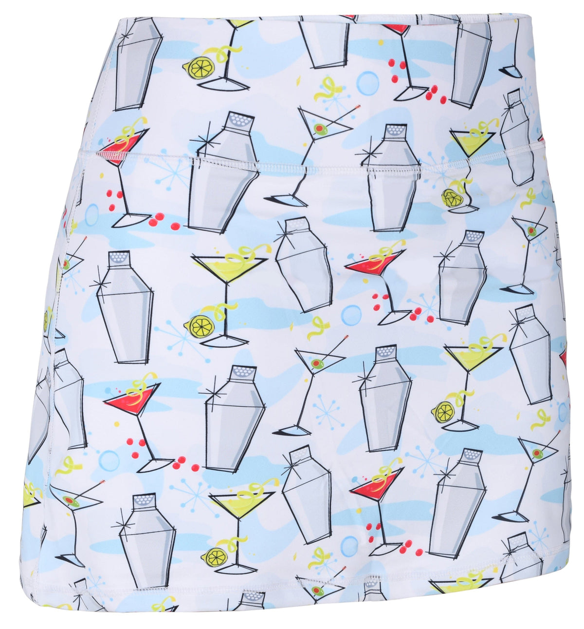 ReadyGOLF Shake It Up women’s golf skort with cocktail glasses and shakers on a pale background