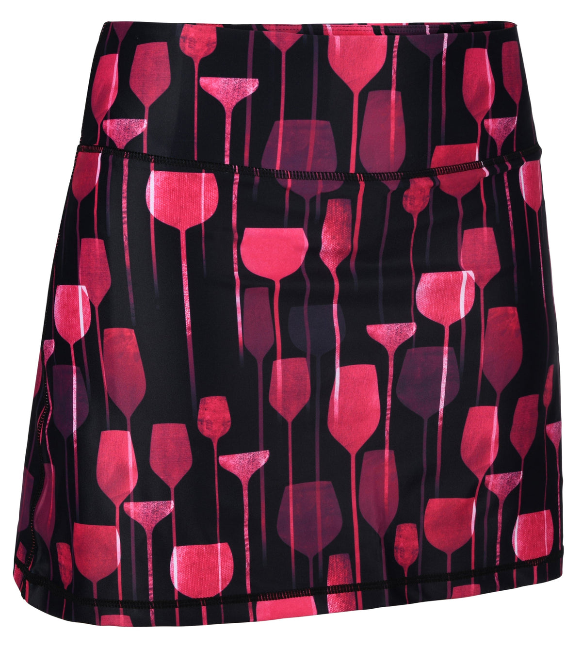 ReadyGOLF She's Got Legs women’s golf skort with pink stemmed-glass motifs on black