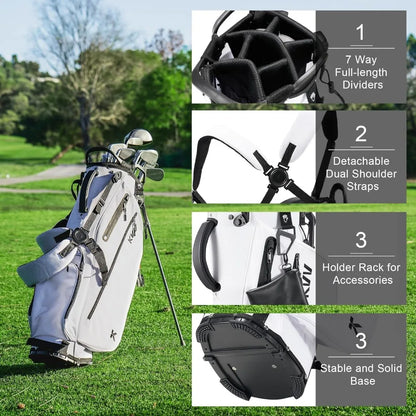 Lightweight Golf Stand Bag with 7 Way Full-Length Dividers, 5 Zippered Pockets, Automatically Adjustable Dual Straps