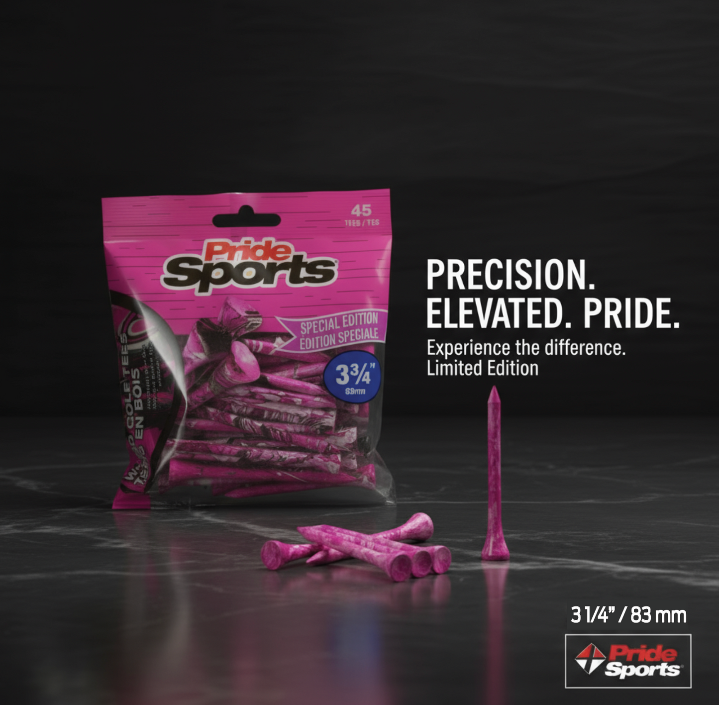 Pink PrideSports golf tees package with pink paint-splatter design and scattered tees arranged on dark background
