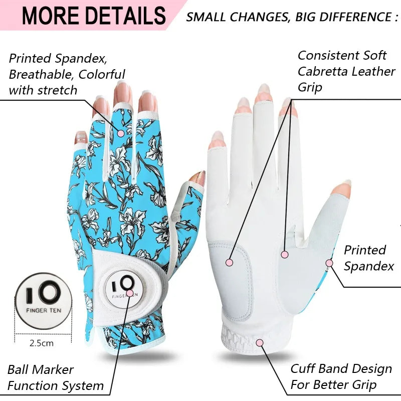 Women’s All-Weather Golf Glove with Ball Marker – Stylish Half-Finger Design